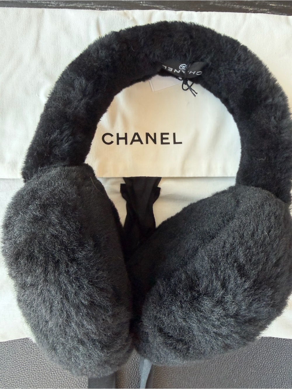 CHANEL Black Faux Fur Headband with Logo Tag